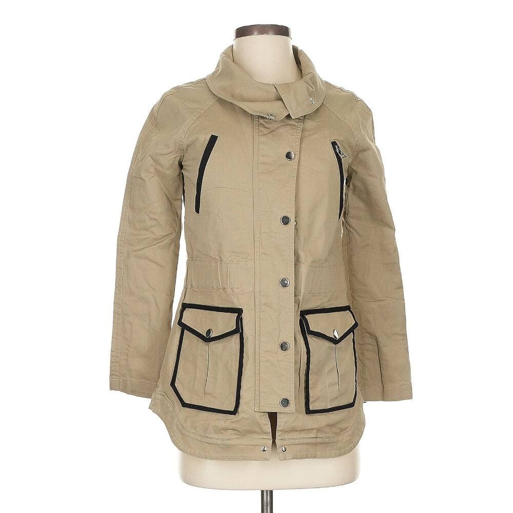 Veronica Beard Khaki Utility Jacket Black Trim Sz 0 Cotton Blend Minimalist Chic